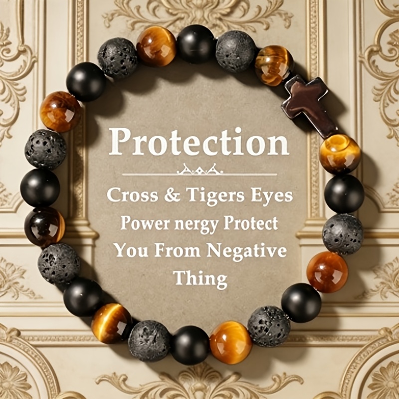 Image of Lady's Vintage Natural Tiger-eye Stone And Bracelet With Cross Pendant - A Daily Protective Gemstone Jewelry Piece, A Gift For Him, For A Boyfriend Or A Friend