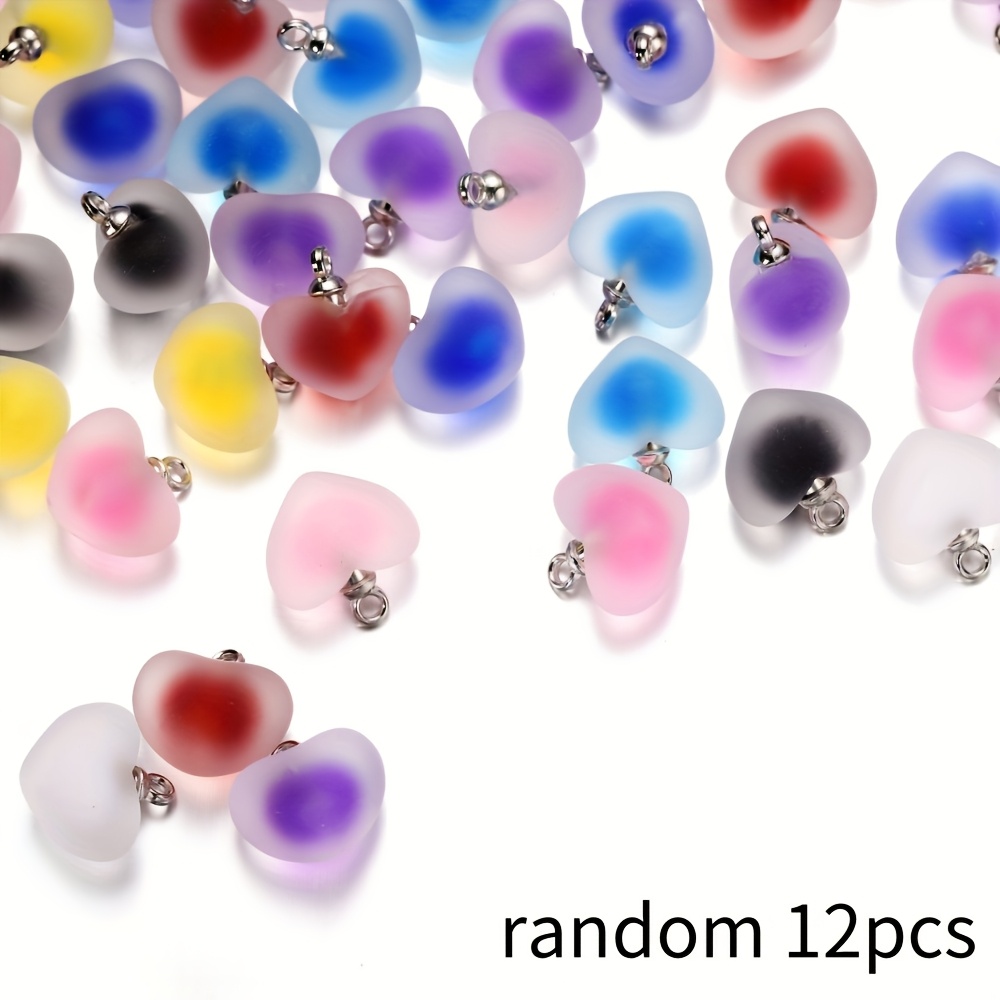 TEMU Random 12pcs Set Of Resin Heart-shaped Pendants - Translucent Heart Charms With Metal Rings, Suitable For Making, Bracelets, Necklaces, Earrings