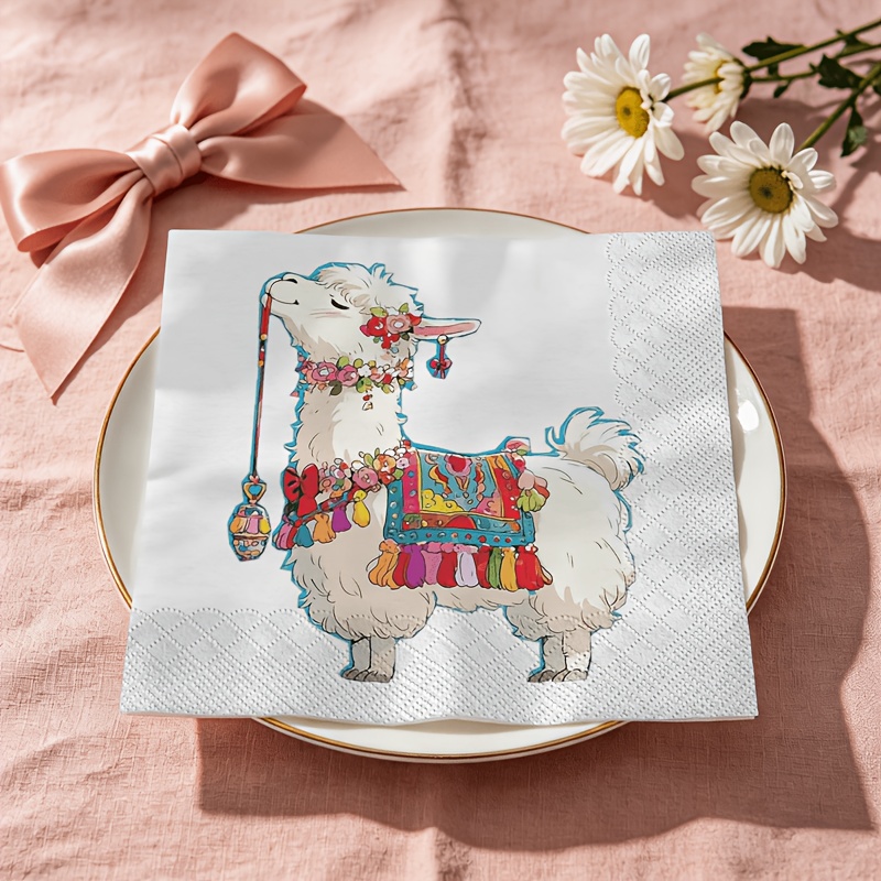 TEMU [ Product] 20pcs Napkins, Double-layer Embossed Paper Towels, Soft And Comfortable, Premium Floral Print, Alpaca-themed Illustration Style,