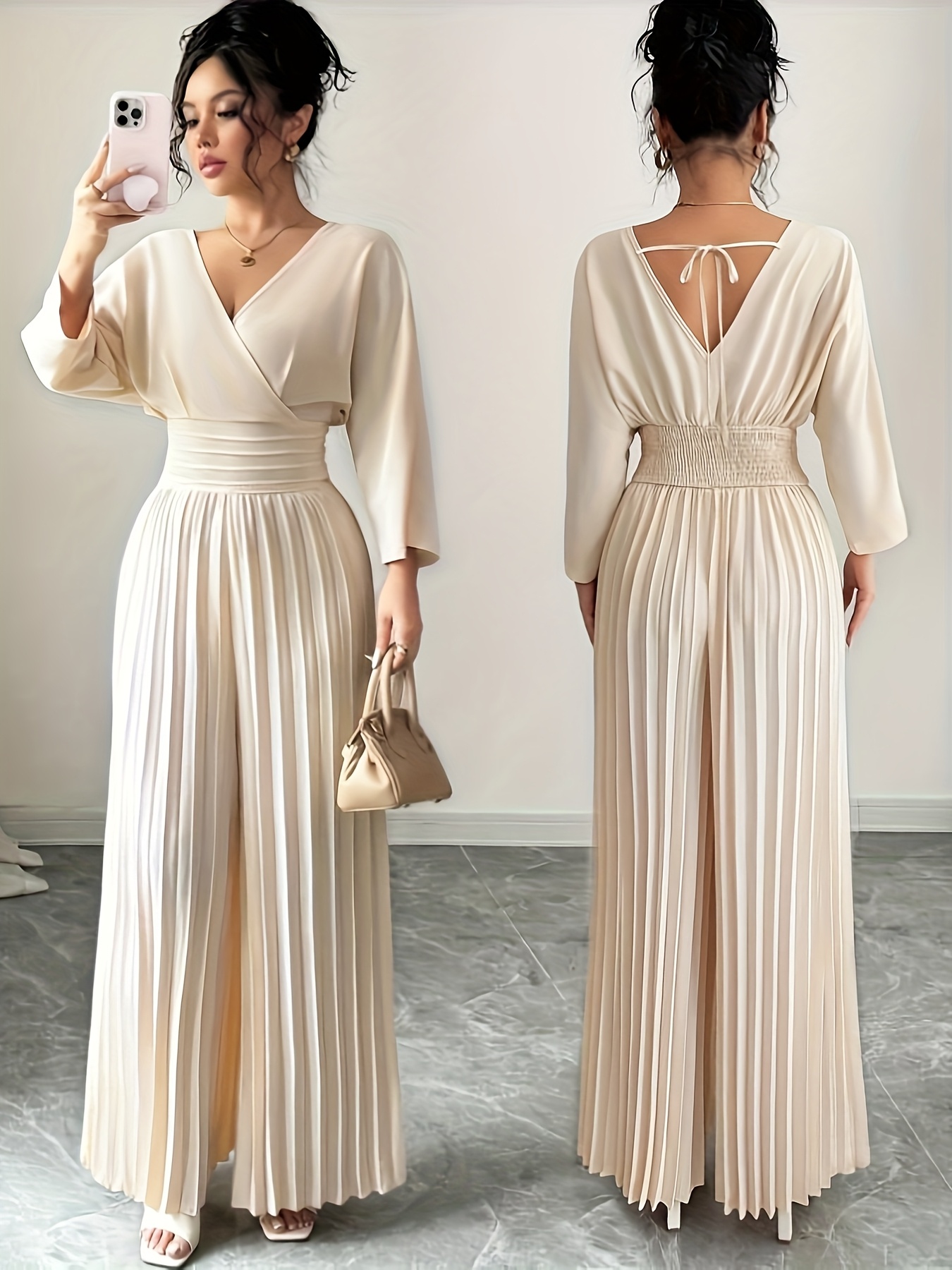 Women'S Elegant Apricot Red White Batwing Sleeve Jumpsuit - Pleated  Wide-Leg Overalls, V-Neck Long Sleeve A-Line Dress * Bustier And * Machine  Washable, Suitable for Spring Summer Fall, Casual to ...