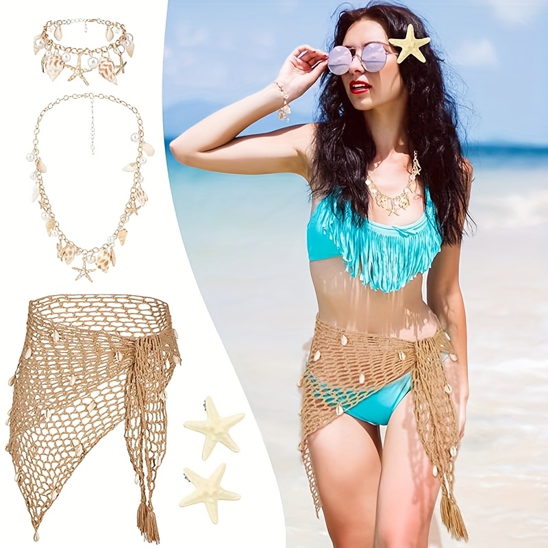 Mermaid Costume for Women- 5pcs Siren Costume Mermaid Accessories Set With  Mermaid Sarong Crochet Skirt Cover Up Hair Clips Shell Jewelry for