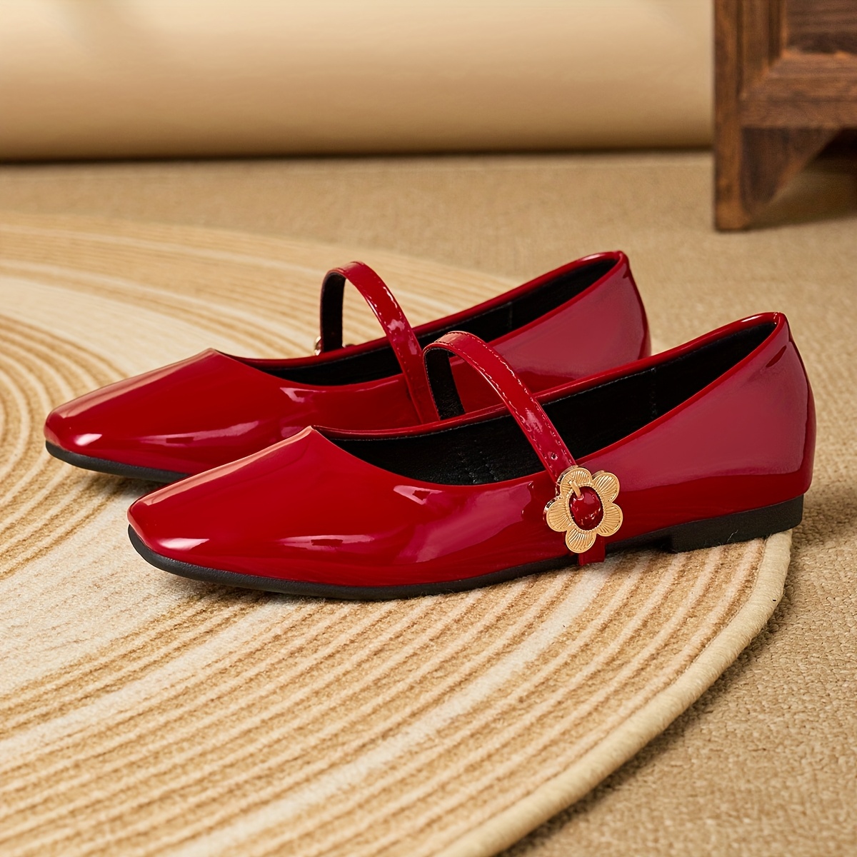 womens red shoes glossy flat flats closed toe Temu