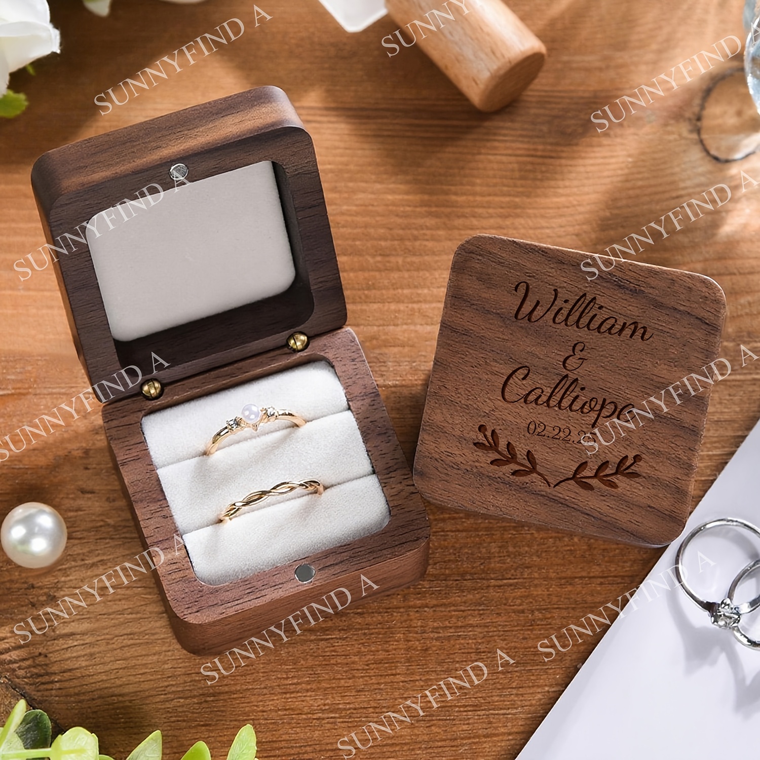 E-shop Personalisierte Walnuss Verlobungsring Box mit Girlandenmuster, Benutzerdefinierte Doppel-Slot Holz Hochzeitsring Box, Jubiläumsgeschenk,