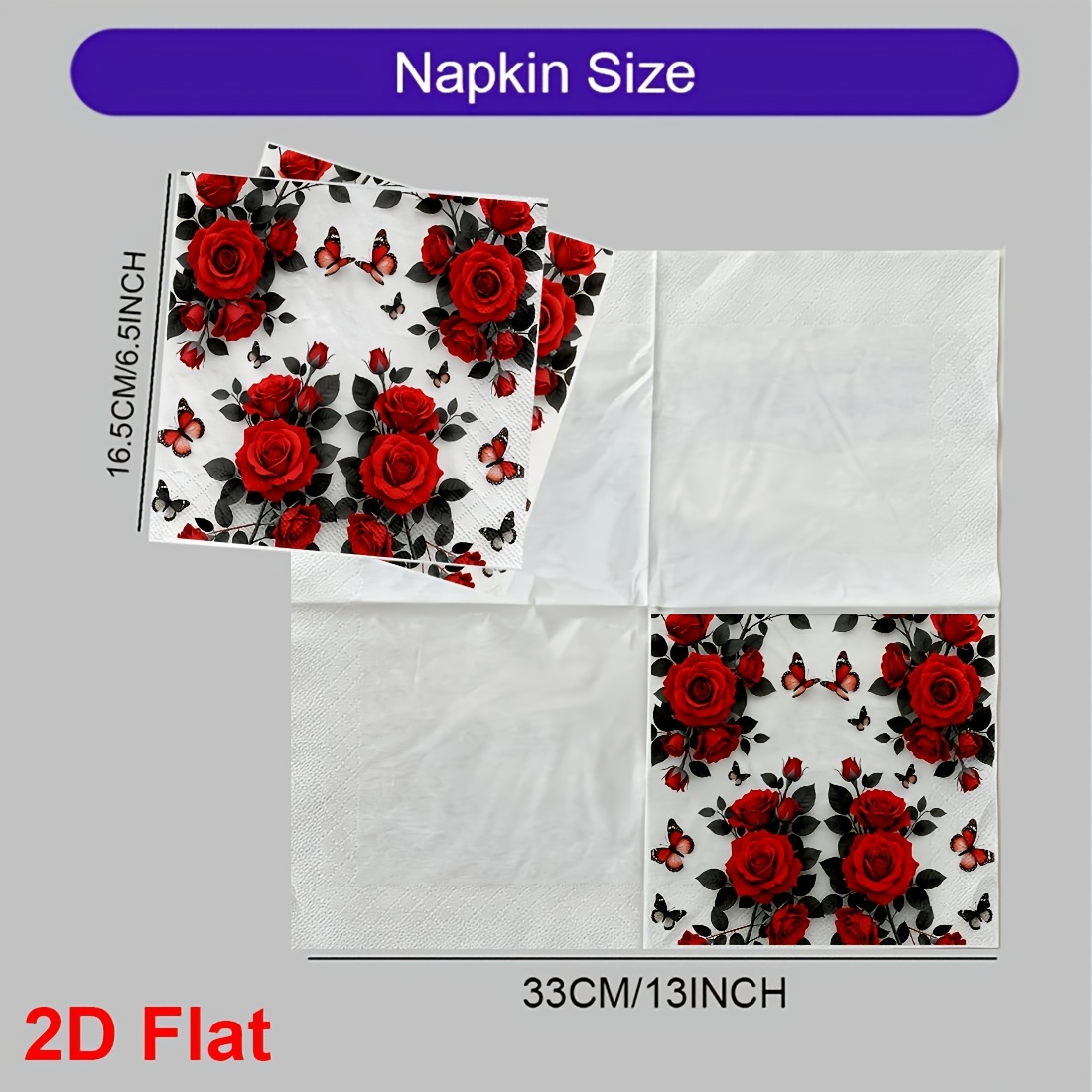 TEMU 20pcs 2d Flat Napkins Romantic Red Rose And Printed Napkins With Elegant Design, Suitable For Restaurants, Cafes, And Home Use, An Exquisite To