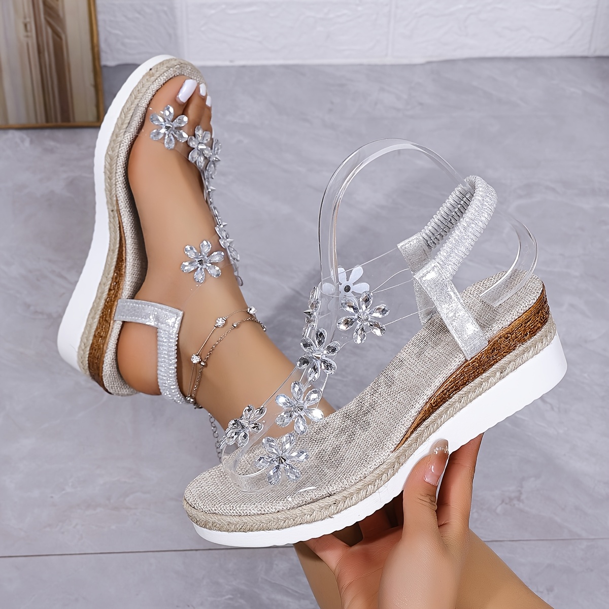 Women'S Elegant Black Floral Sandals with Clear Strap - Comfortable Wedge Heel, Open Toe Design, All-Season Footwear, Stylish Summer Sandals|Floral Embellished Sandals|Polyurethane Upper, Wedge Sandals