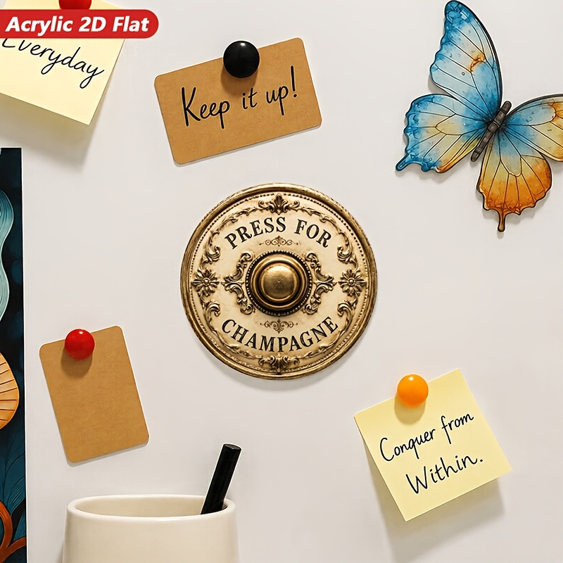 TEMU 2d Flat, 1pc Vintage Champagne Button Acrylic Round Magnetic Fridge Magnet, Kitchen Decor, Press To Display Champagne Text, Ornate Brass Button,