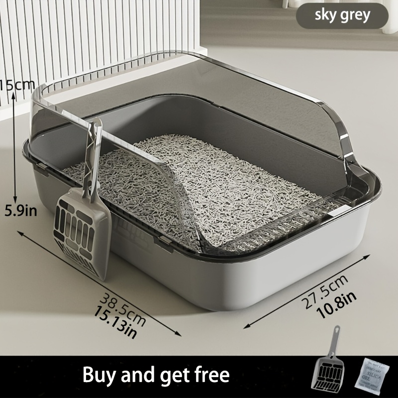 

Semi-enclosed Cat Litter Box With Cleaning Tool, Polypropylene, High-sided, Thickened Bottom, Odor-evaporating Design, Suitable For Cats, Uncharged - Sky Grey