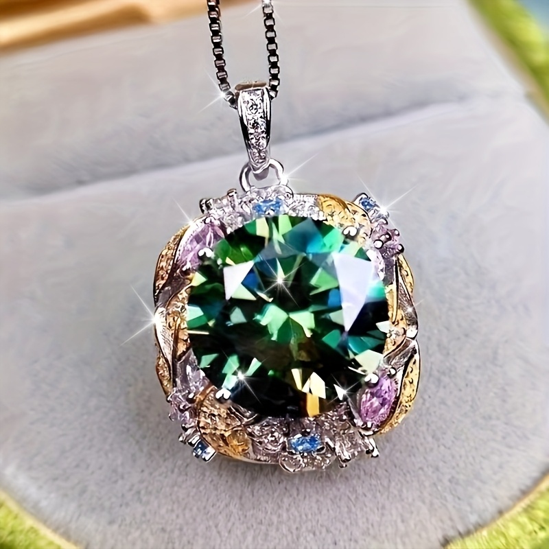 

1pc Elegant 925 Sterling Silver Pendant Necklace With Large Green Moissanite, Silver Plated, , Ideal For Valentine's Day, Birthday, Wedding, Party - Versatile Accessory For Women