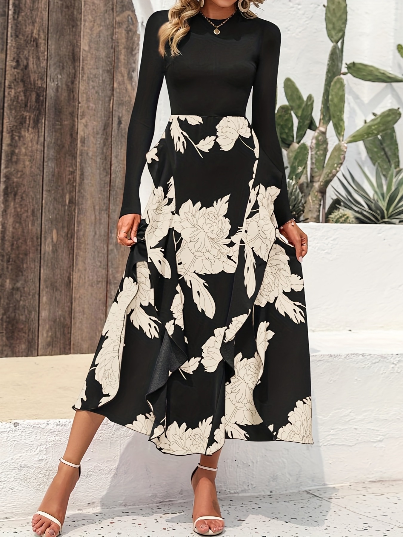 Women'S Elegant Floral maxi dress - Long Sleeve A-Line Formal & casual party gown, Black & Floral Print, for Weddings, Cocktail Events, Everyday Outfits - ZD0529107, Dresses for Wedding Guest, Wedding Guest Attire, Round Neckline, Flowy Skirt Style, Evening Wear, Lightweight Fabric, Bridal Guest Outfit