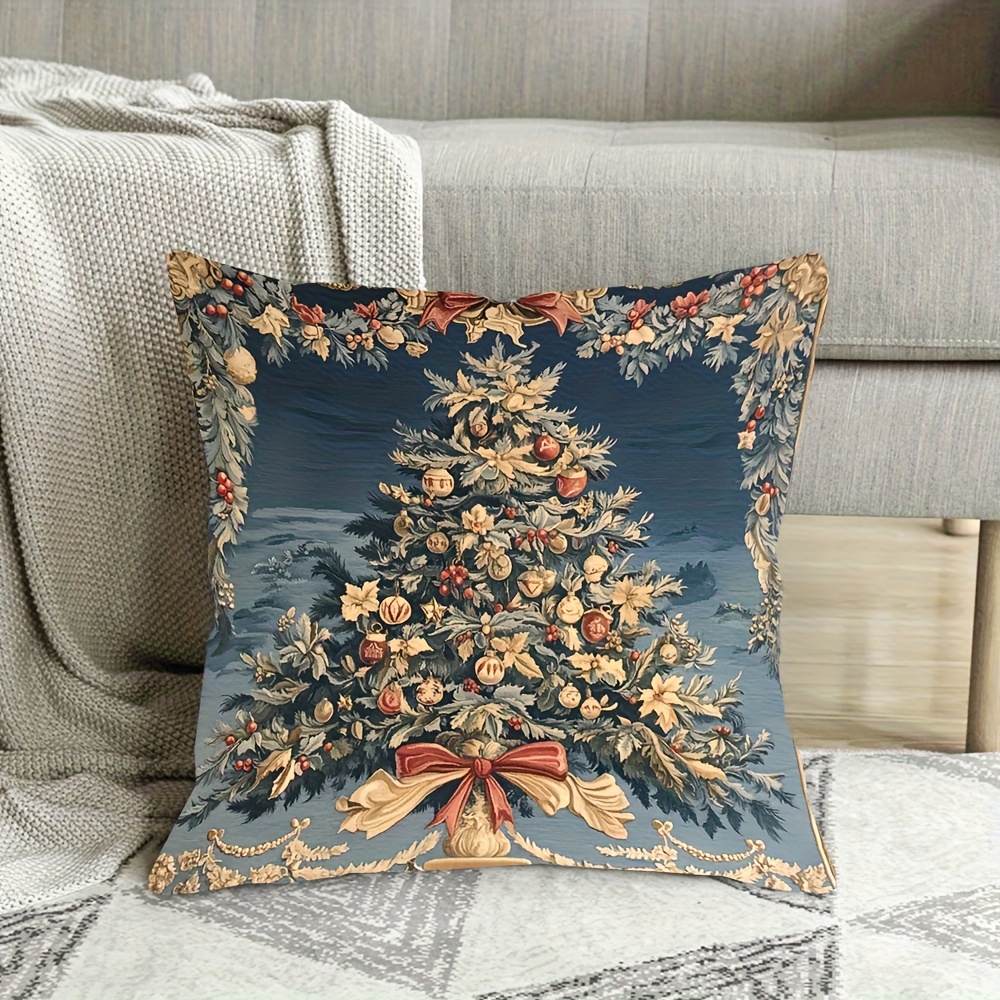 TEMU 1pc Large 18x18 Inch Vintage French Christmas Tree Plush Pillow Cover - Zippered Decorative Case With French Text & Evergreen Design, Machine