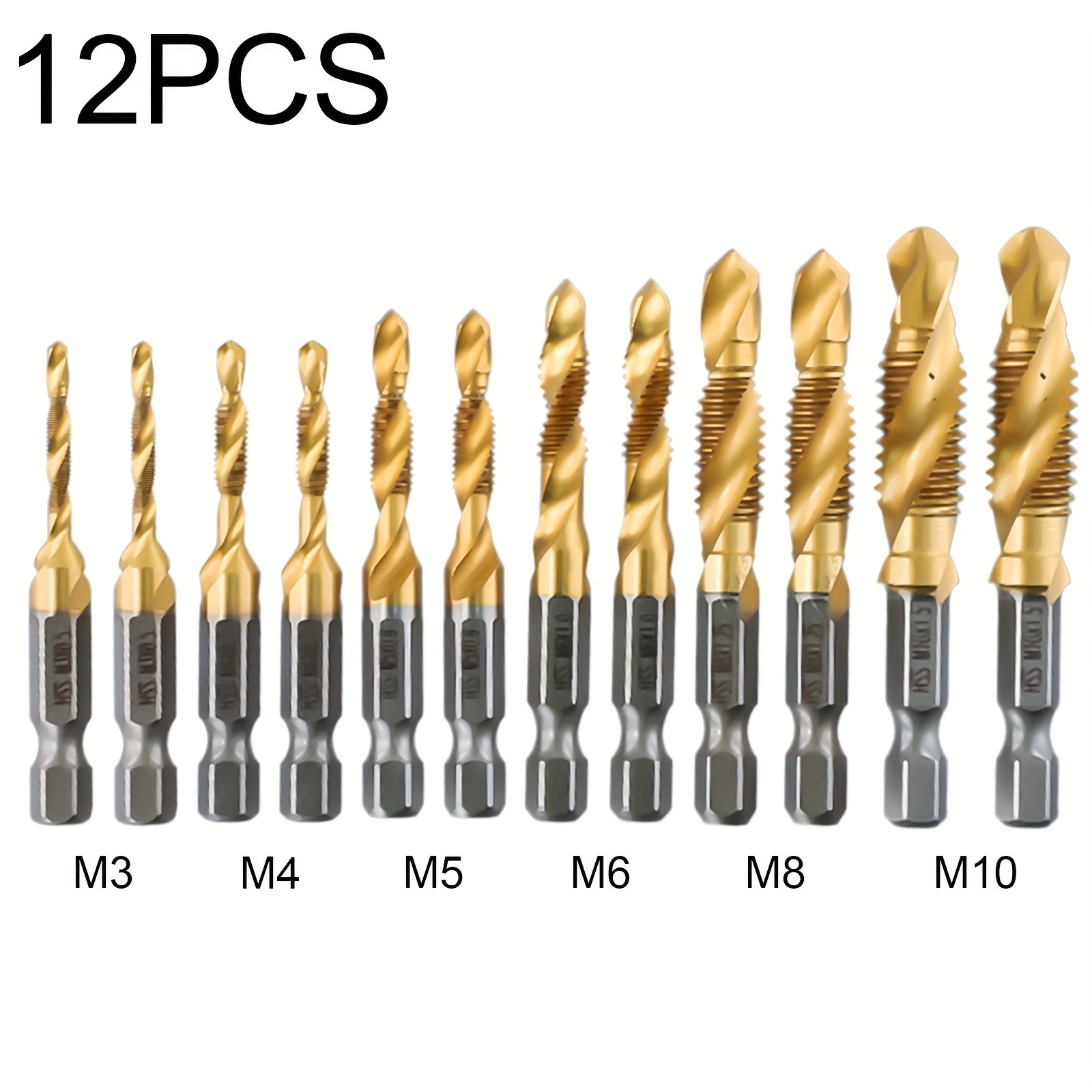 

12pcs Titanium-coated Steel Tap Drill Bit Set With Hex Shank - M3 To M10 Sizes For Wood, Plastic & Metal