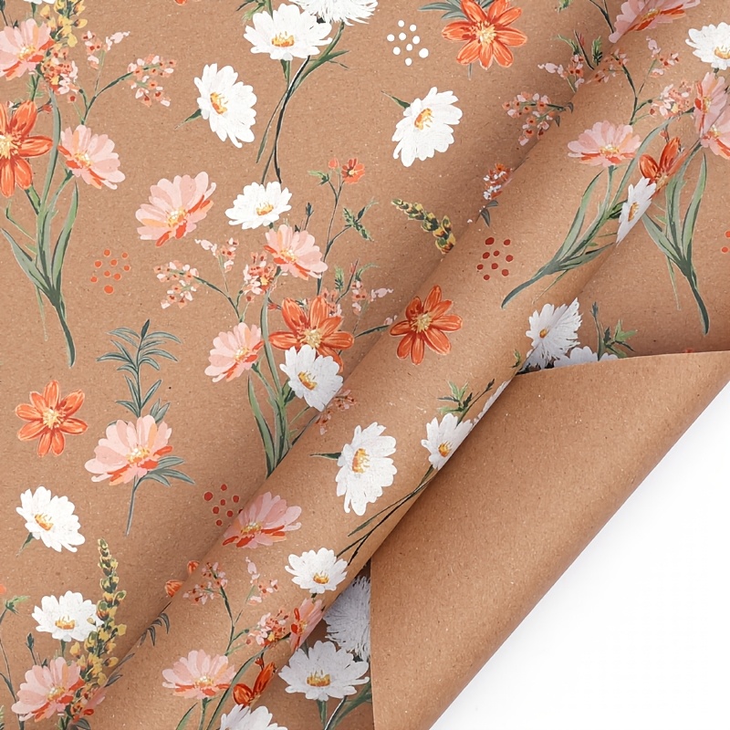E-shop 1 Rolle 43×300cm/16,9×118,1in Kraftpapier Geschenkverpackungspapier mit Blumenmuster, Vintage Gänseblümchen Lavendel Rose Wildblume Pfingstrose,