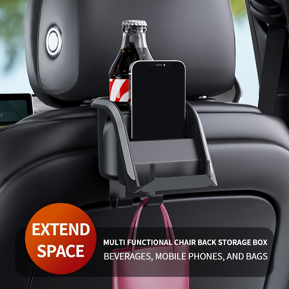 TEMU Car With Cup Holder - Abs Storage Box & Multi- Hooks, Fits Most Vehicles