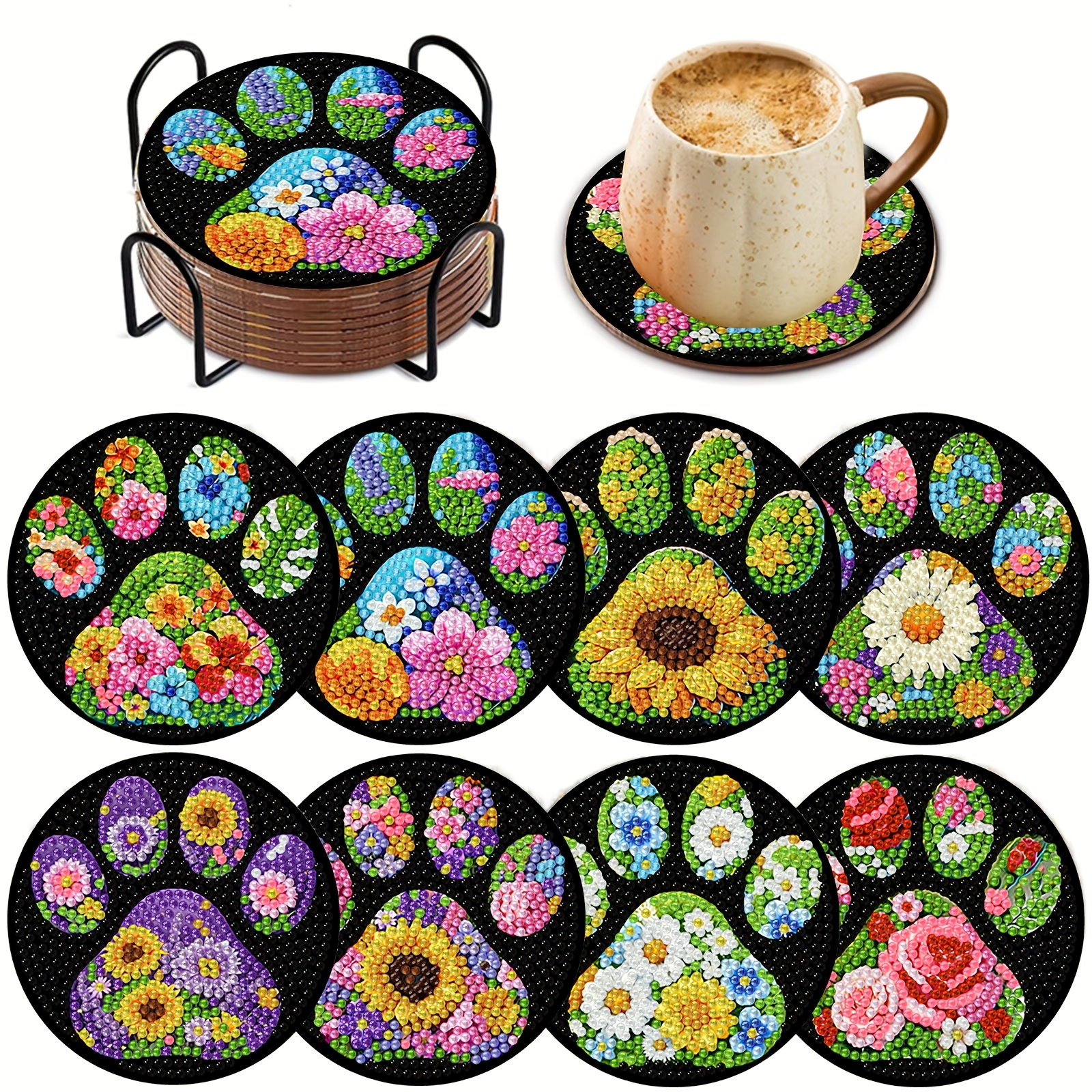 TEMU 8pcs Diamond Painting Coaster Set With Stands, Suitable For Adult Home Decor, Holiday Gifts