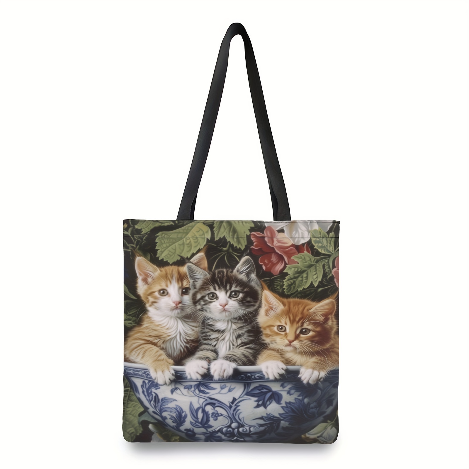 

1pc Whimsycat Polyester Tote Bag With Cute Kittens Design, Reusable Shoulder Shopping Bag For School, Grocery, Beach, Travel - Portable Storage Handbag