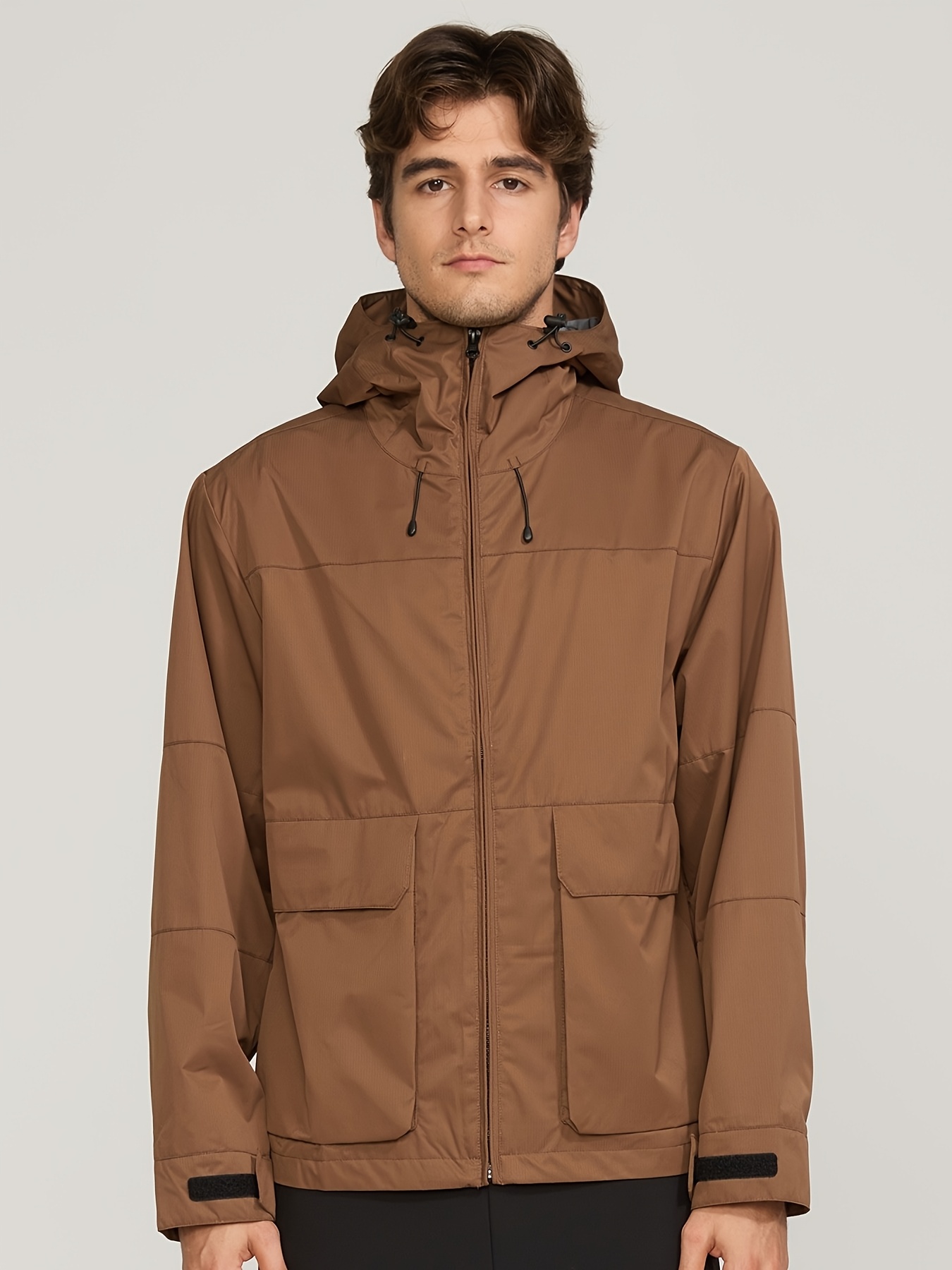   mens   casual hooded jacket lightweight sporty zipper front with multiple pockets   for outdoor hiking casual attire brown backpacking gear durable rainresistant fabric
