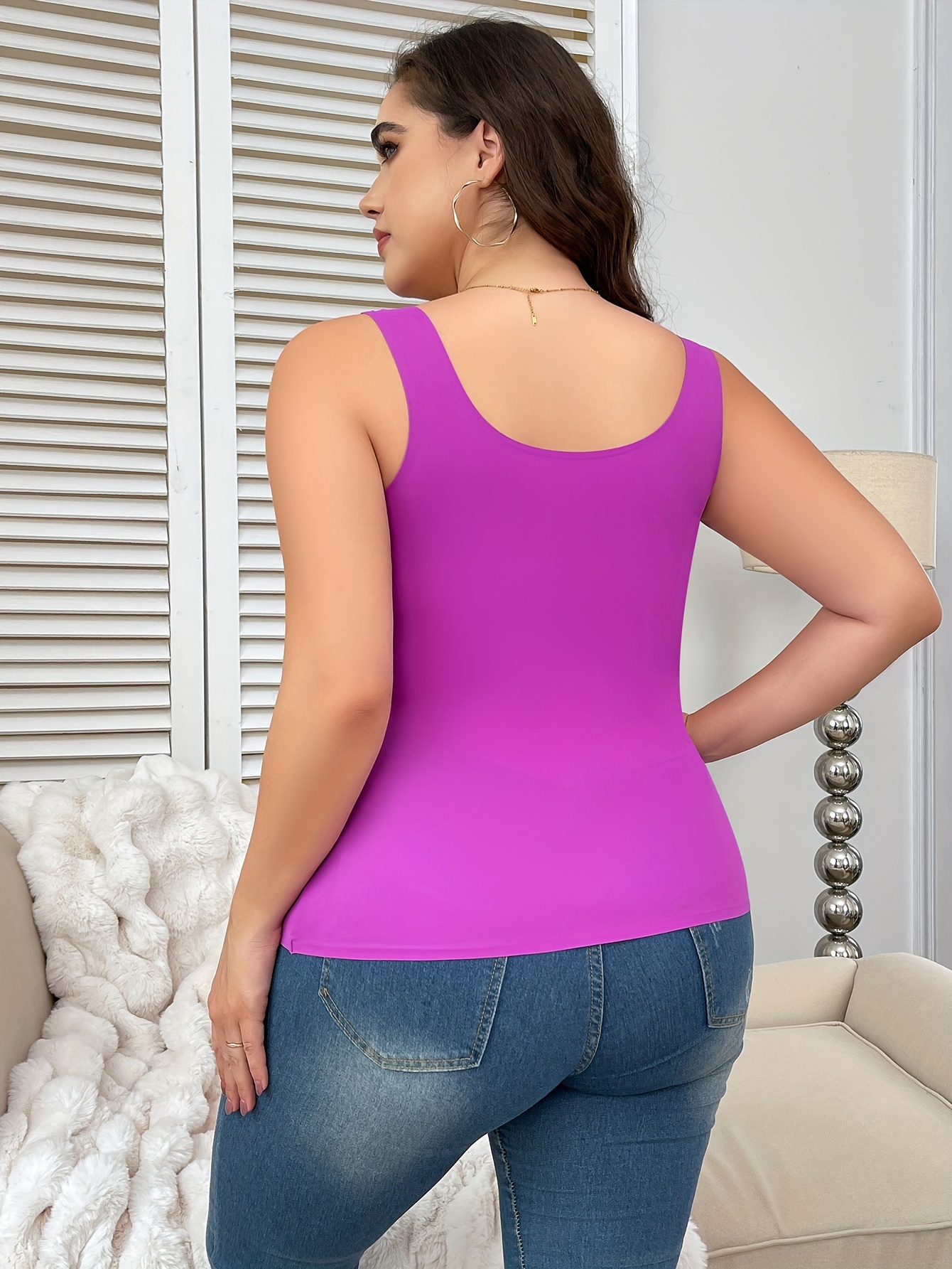 Women's Simple Shapewear Top, Plus Size Solid Seamless Round Neck Tummy Control Slim Fit Tank Top