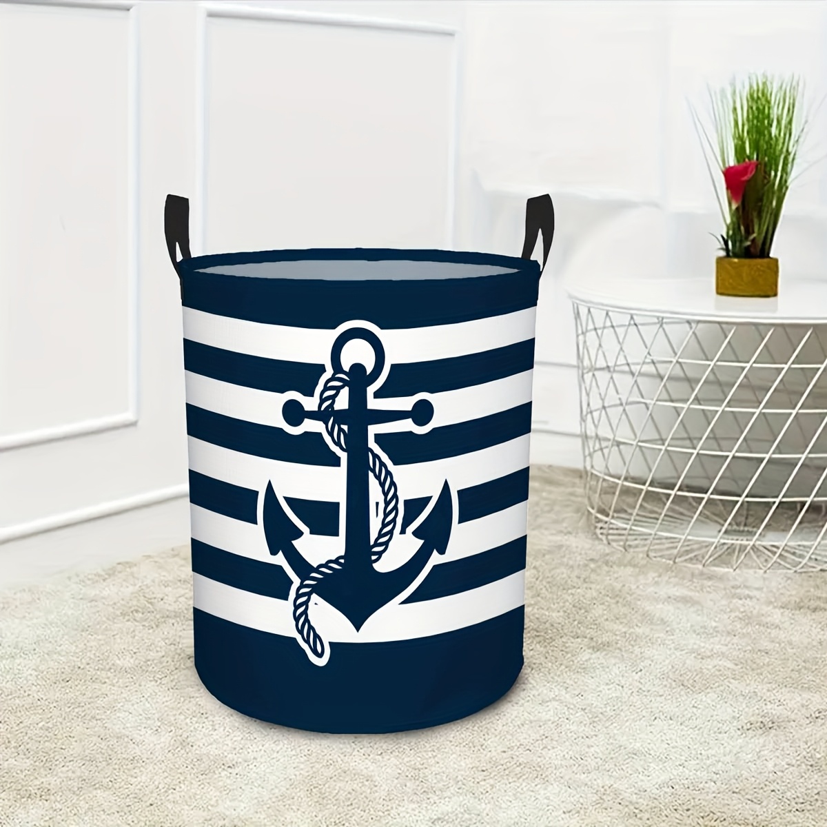 TEMU 1pc Nautical Stripe Anchor Laundry Basket – Storage Ideal For Laundry Baskets, Toy Storage Box, Bathroom & Bedroom Decor, Laundry Baskets
