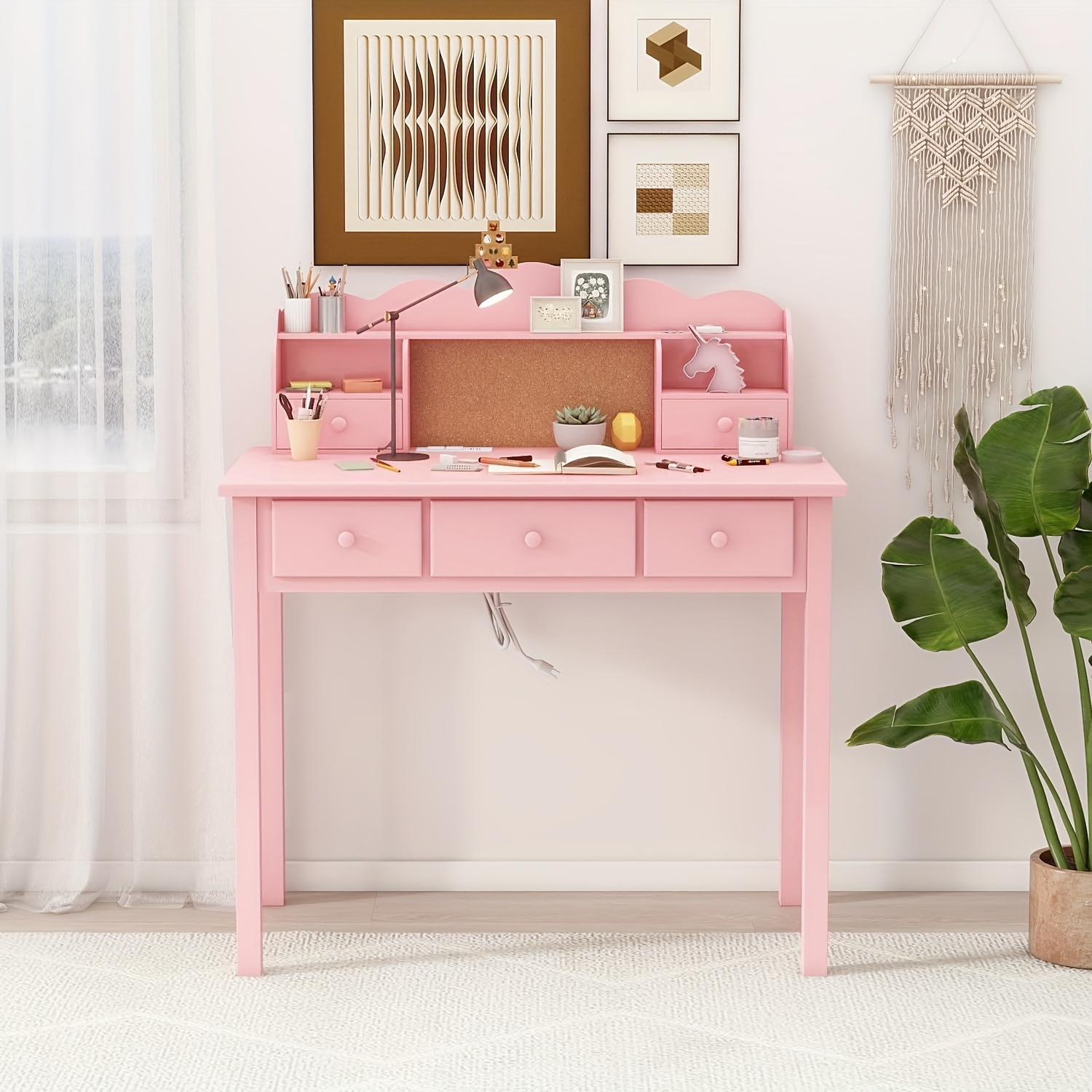Modern 40-Inch Pink Writing Desk Featuring a Hutch And Five Drawers, Ideal for a for home Office Or As a Compact Vanity in The Bedroom