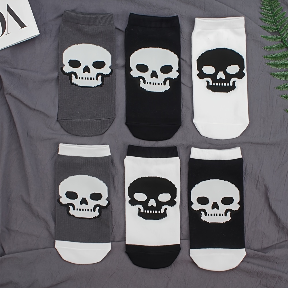 

6 Pairs Of Men's Skull Pattern No Show Boat Socks, Comfy, Breathable And Durable Cotton Socks For All Season, Creative Trendy Gift