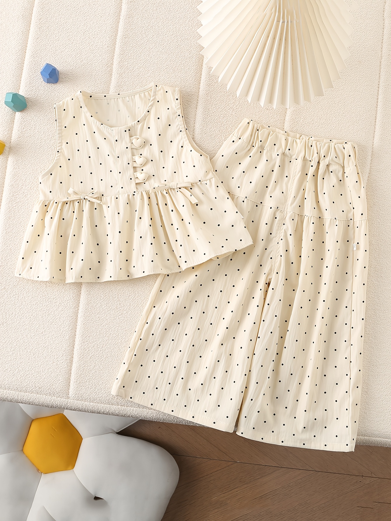 2pcs polka dot wide shoulder ruffle hem set cute fashionable girls spring summer lightweight clothing   outdoor