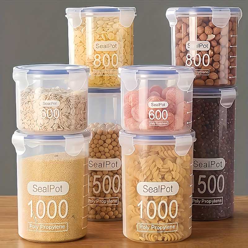 6 бр. 1000 мл/35 унции херметични контейнери за съхранение на зърнени храни с капаци, прозрачни пластмасови буркани за съхранение, подходящи за кухненско съхранение и организация, заместващи контейнери за хладилник, многократни контейнери за подправки, бонбони, зърнени храни, ядки, снекове и