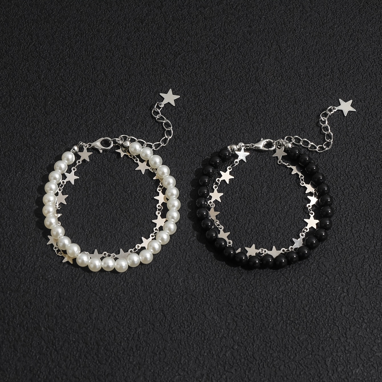 TEMU 2-pack Iron Chain Plastic Bead String Double-layer Chain Bracelet 2-pack Black And -blocking Couple Bracelet Men's And Women' Style Five-pointed