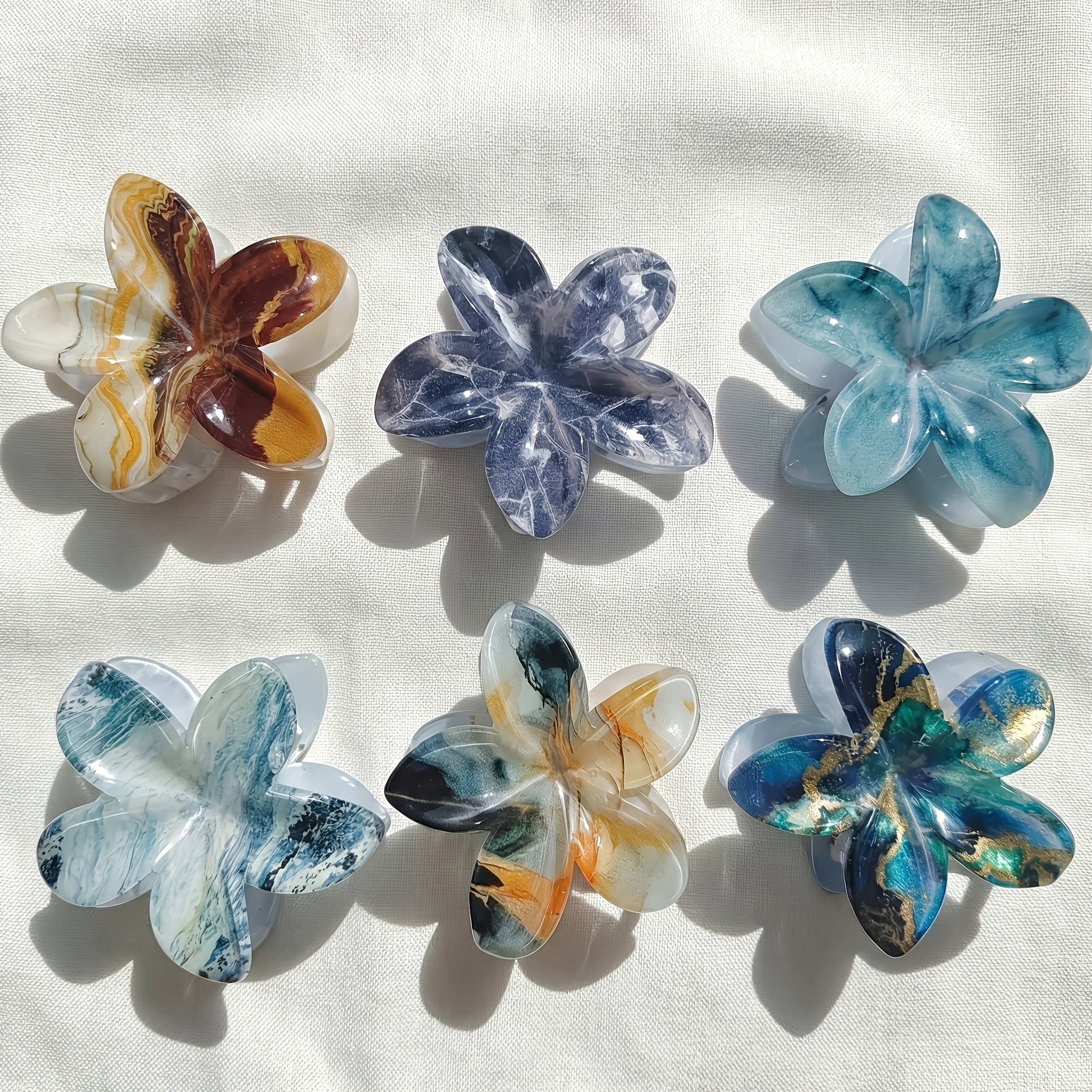 TEMU 6 pinzas para el cabello con diseño de flores Zen, estilo fácil de hacer en frío, de tinta azul y blanca, adornos literarios para el cabello,