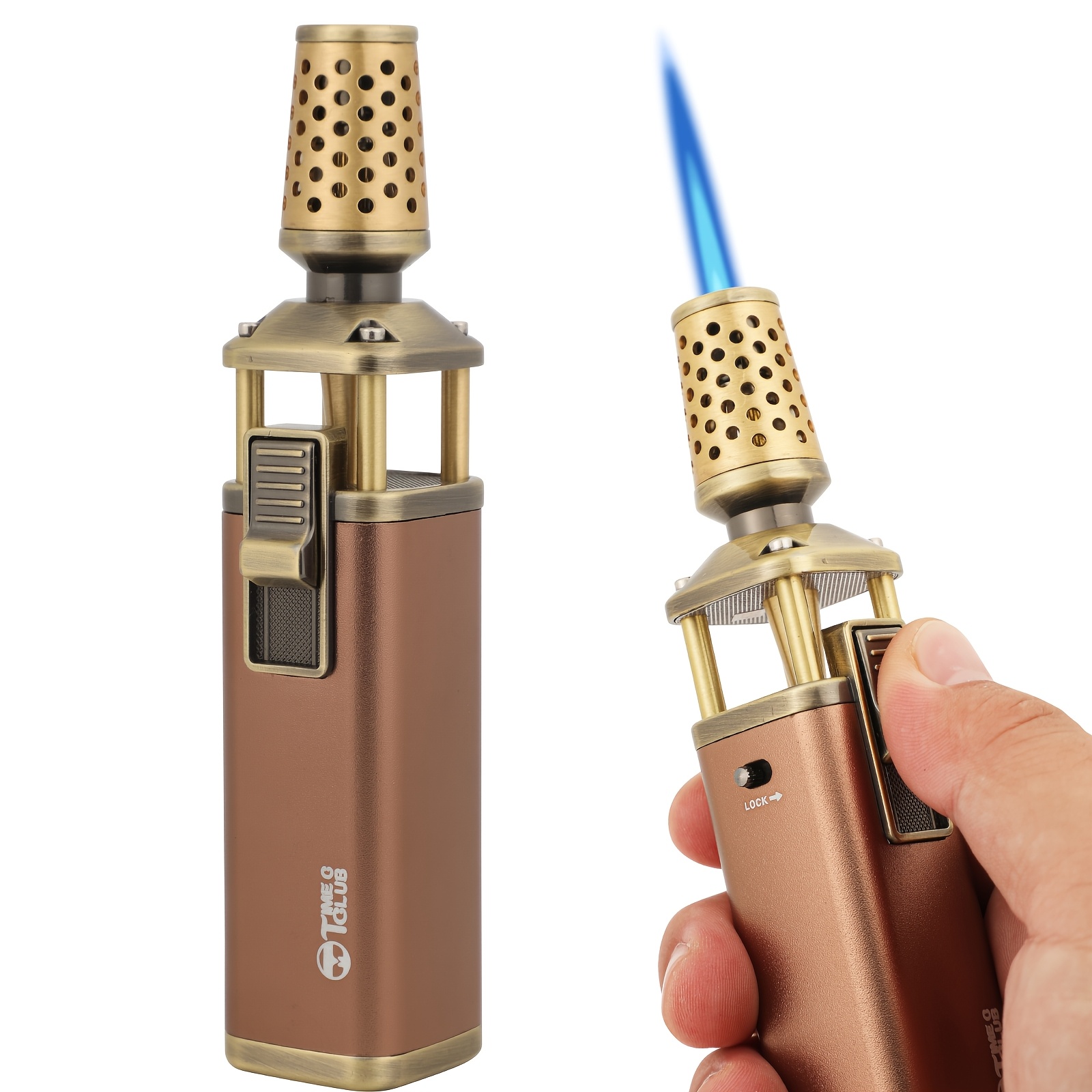 TEMU Metal , Lighters, Professional Kitchen Butane Torch With Safety Lock Adjustable Refillable Multipurpose Flame Refillable Bbq, Baking, Brulee