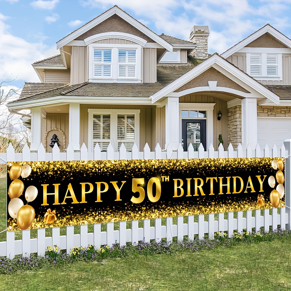 

1pc, Happy 50th Birthday Large Decorative Banner, Polyester Black And Golden Glitter Pattern Yard Sign Hanging Background Outdoor Garden Fence Balcony Indoor Party Decoration 118x19 Inch