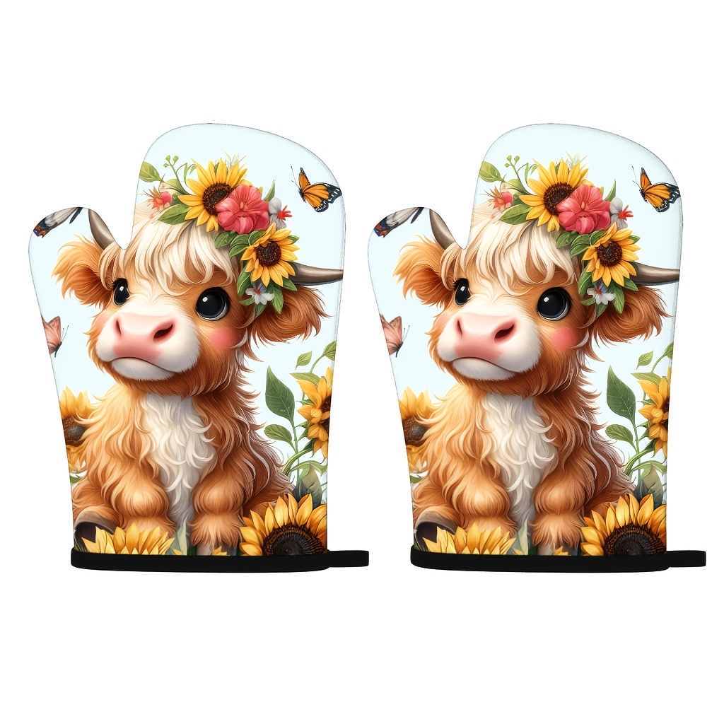 TEMU Set Of 2 Sunflower Highland Cow Oven Mitts, , Suitable For Kitchen, Baking, And Home Use, Rustic Design, Fine Texture, Simple And Attractive,