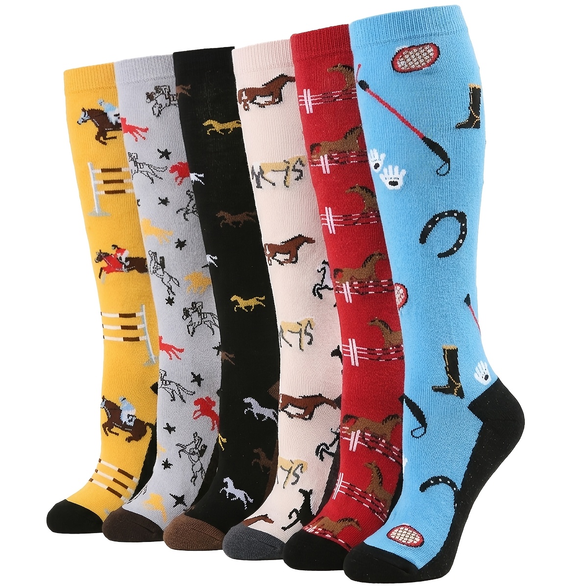TEMU 1/3/6 Pairs Fun Horse Racing Knee-high Socks, Equestrian / Cycling / Sports / Outdoor Travel / Casual Wear Comfortable Socks, Unisex Breathable