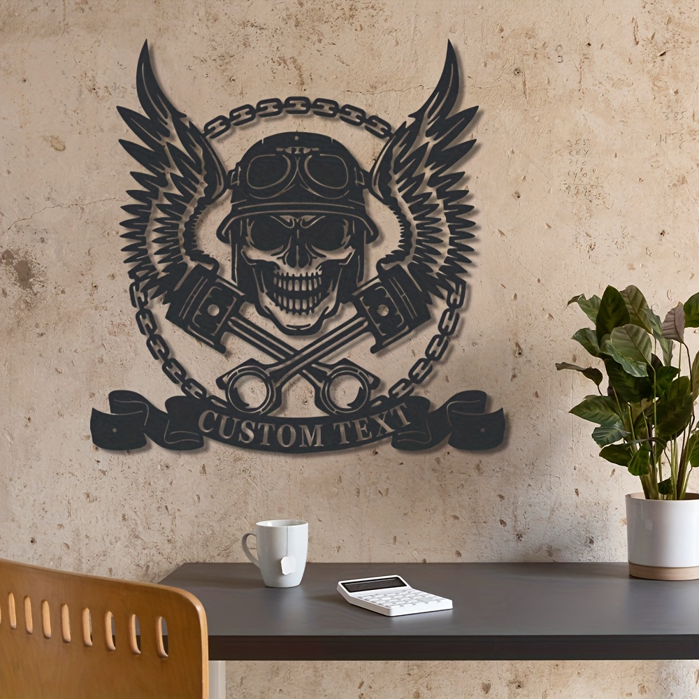 E-shop Individueller Biker-Schädel mit Flügeln Kolben Metall Wanddekoration, Personalisiertes Biker-Namensschild Raumdekor, Statue Wandhängung,