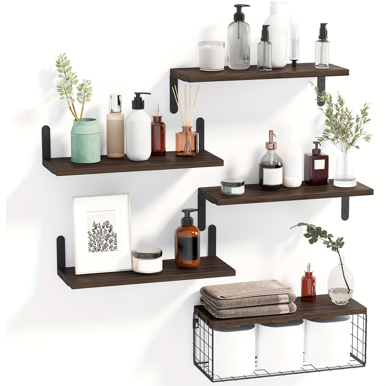 

5+1 Tier Bathroom Floating Shelves, Wall Mounted Wood Shelves Over Toilet With Wire Storage Basket, Make Storage Space And Keep Your Bathroom Neat And Organized (dark Carbonized Black)