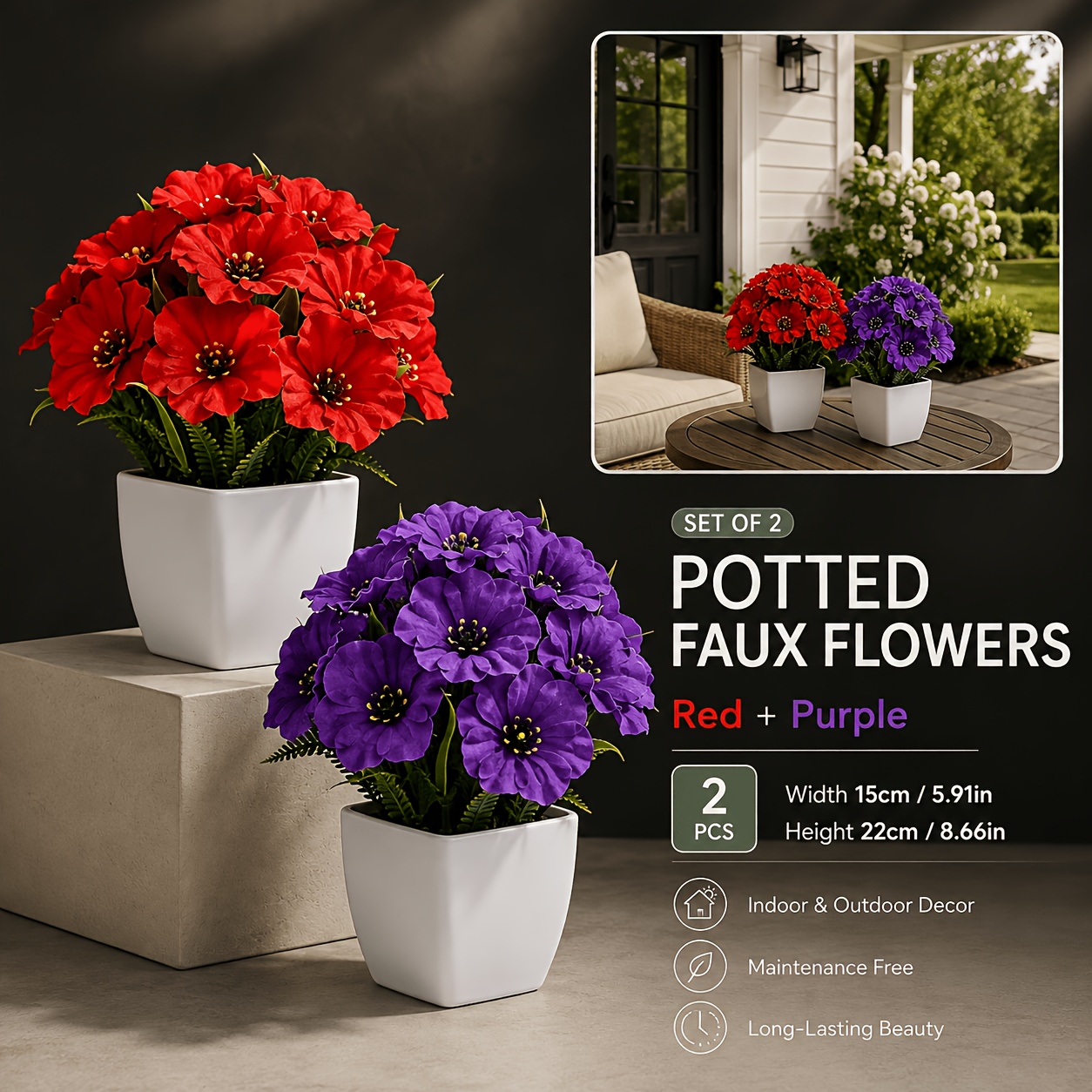 TEMU 2pcs Exquisite Artificial Potted Plants, Red-purple Fake Flowers With White Pots Set, Artificial Floral Decor For Living Room, Bedroom, Office,
