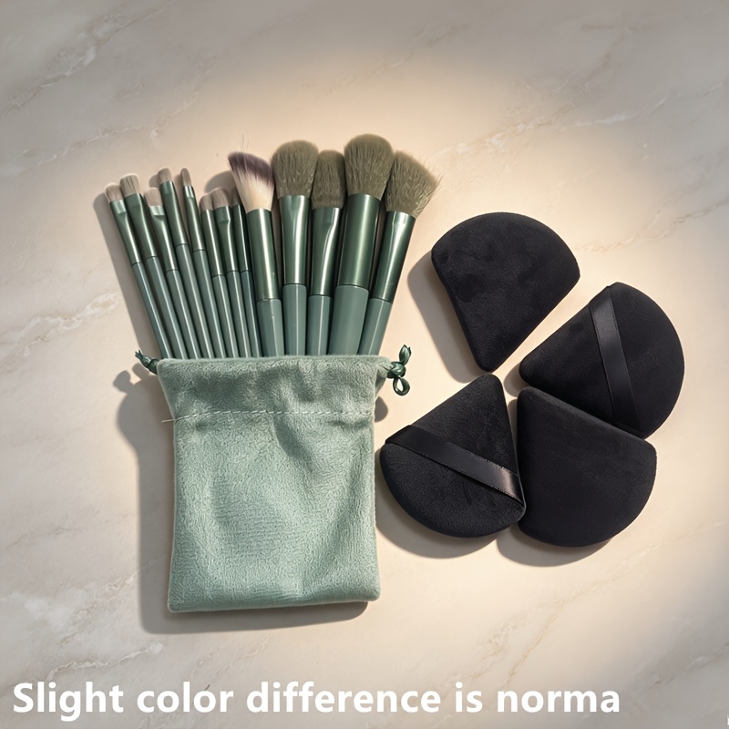 TEMU 18-delige Professionele Make-up Kwastenset, Inclusief 13 groene make-up kwasten en 4 driehoekige met opbergtas. Zachte nylon borstelharen,