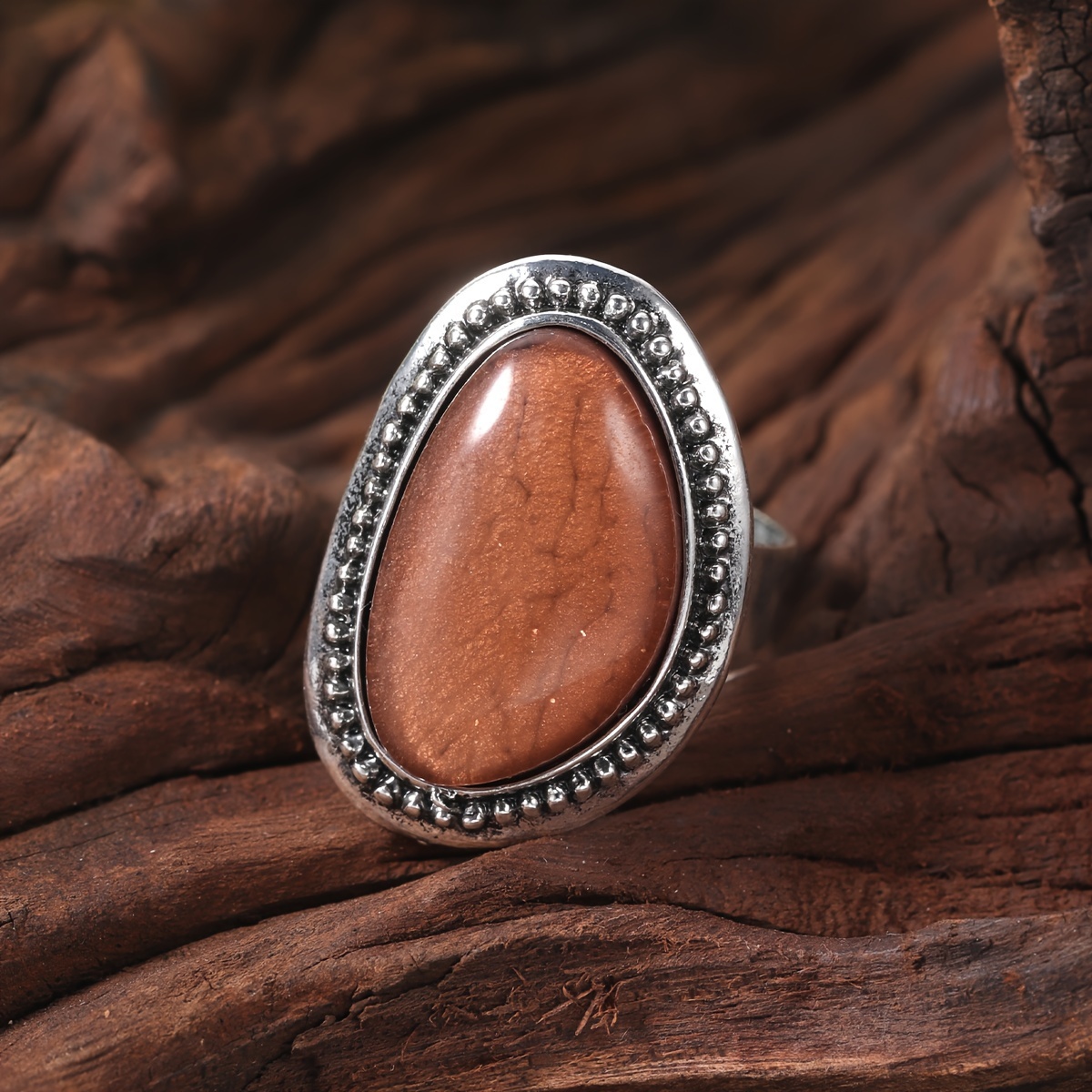Bohemian Style Stainless Steel Open Ring with Resin Gemstone Oval Shape