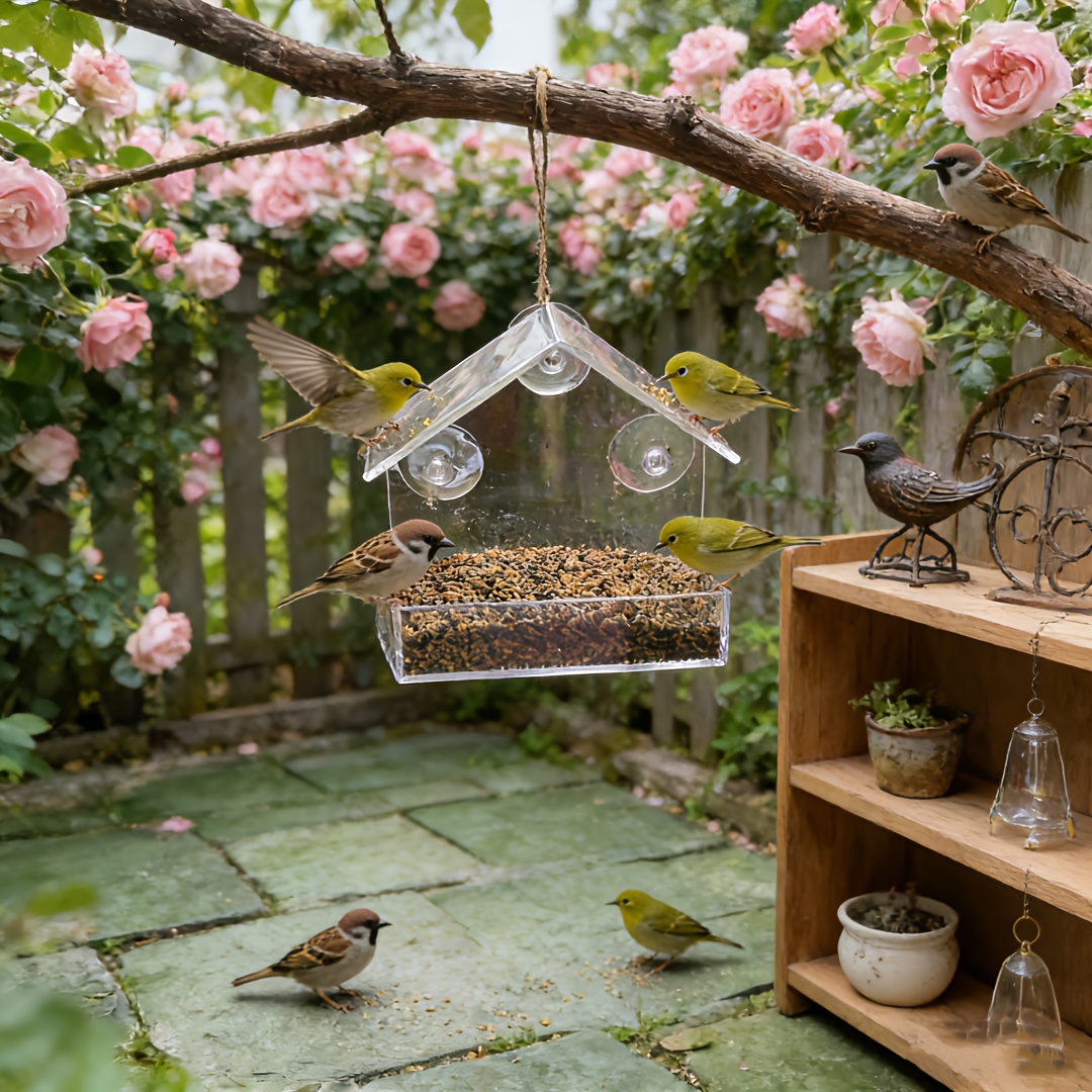 TEMU Acrylic Bird Cage Adsorption Bird Feeder Bird Feeder Pet Supplies Transparent Wall Mounted Bird Cage