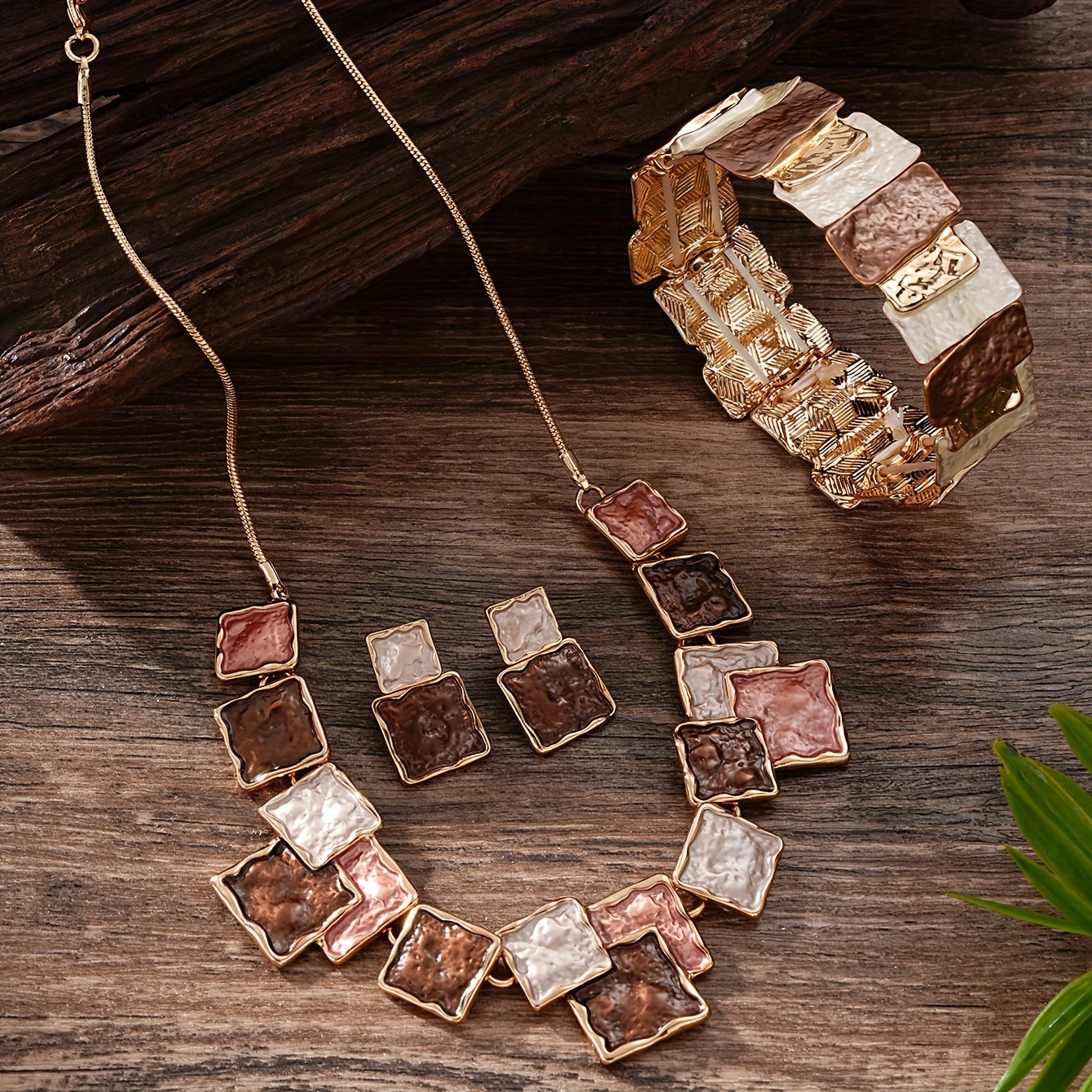 TEMU 3-piece Set: 1 Pair Of Earrings, 1 Necklace, 1 Bracelet - Geometric Link Autumn/winter Jewelry Set, Bohemian Gift For Mother's Day, Valentine's