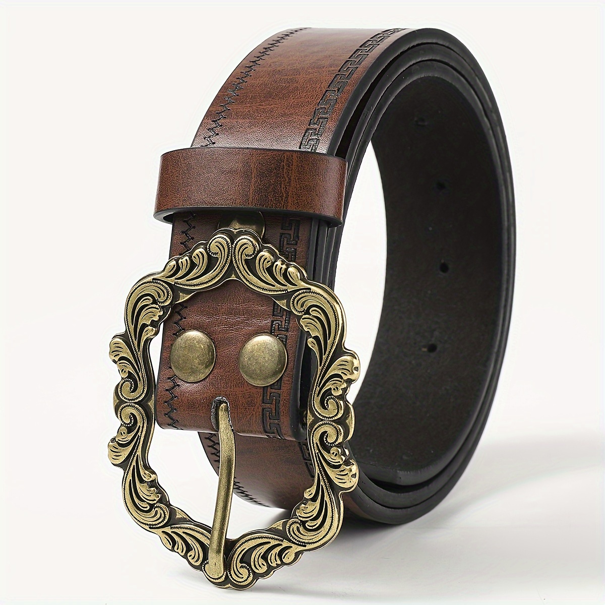 PU Leather Studded Belt with Carved Flower Buckle for Y2K Punk Gothic Style Fairy Grunge Leather Belts Y2K Women Star Punk Goth Buckle  main image 2