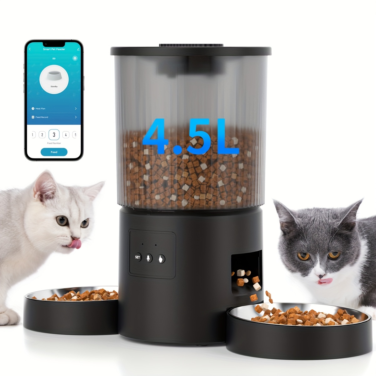 fully automatic cat feeder wifi     control automatic cat food dispenser for 2 cats or small pets 4 5l timed dry food dispenser smart cat food dispenser suitable for multiple cats dual pet feeder with stainless steel bowl