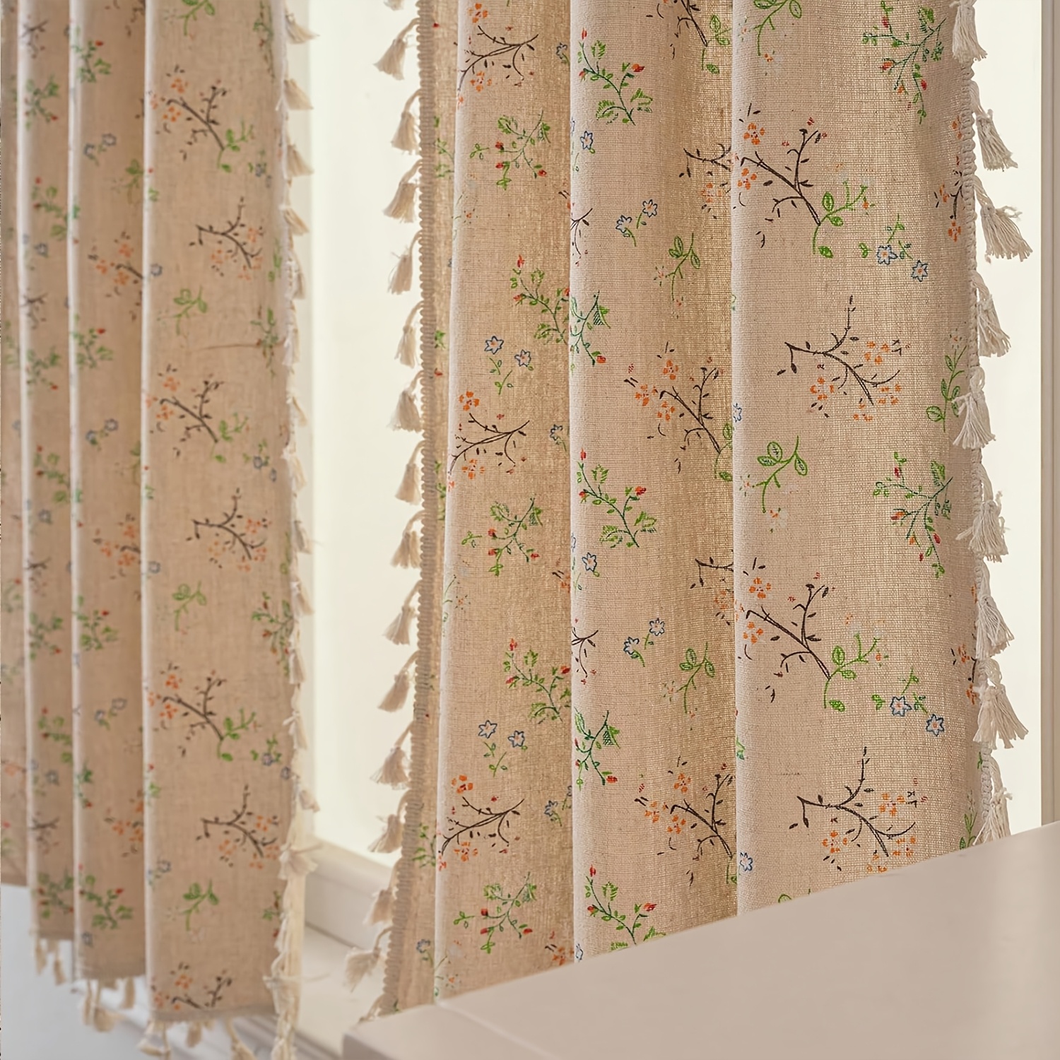 TEMU 1pc Floral Tassel Curtain | -like Sheer Rod Pocket Curtains, Bohemian Plant Print Bedroom Living Room Decor, Single Strip