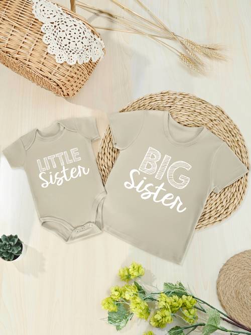 (apart verkocht) korte mouw t-shirt en driehoekige body voor meisjes met letterprint, gemaakt van 100% katoen, geschikt voor lente en zomer familie outfits, voor buiten