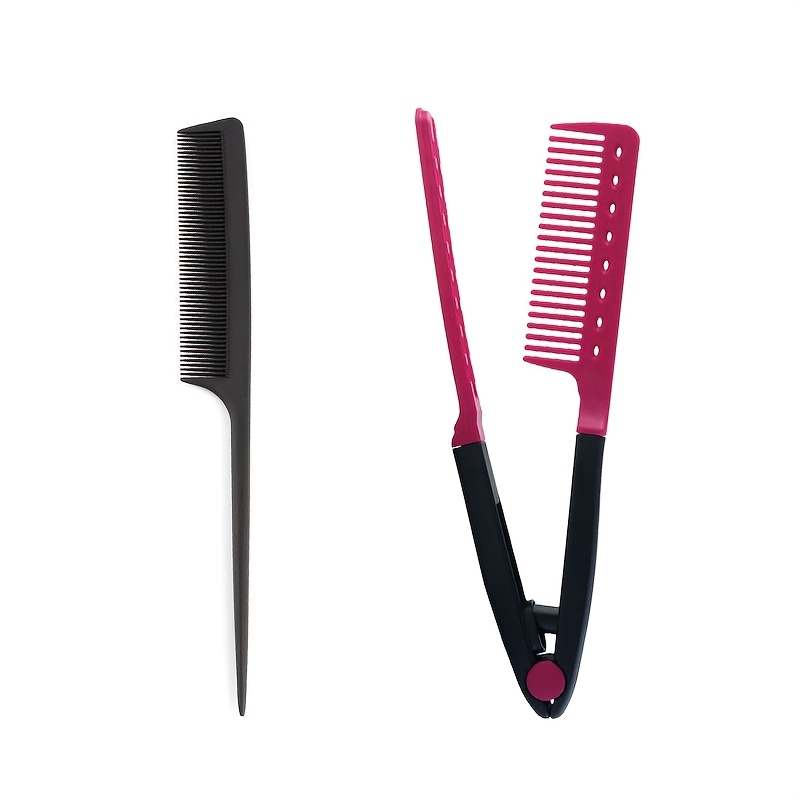 TEMU 2pcs Professional Hair Styling Comb Set: Pink Hair Straightening Comb For Flat Iron & Heat-resistant Pin Tail Comb, Get Sleek Straight Hair In