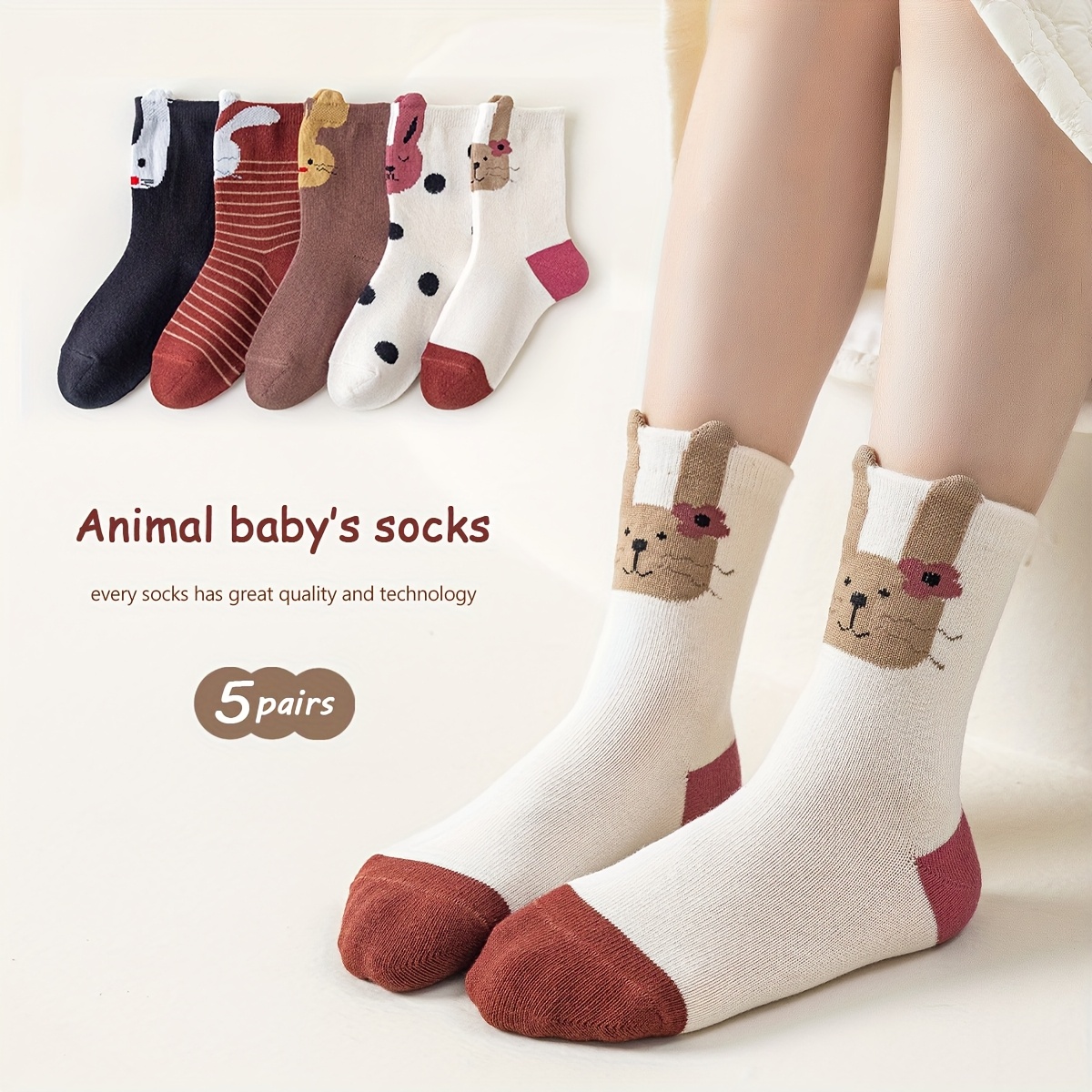 Image of Cute Bunny Ear 3d Lovely Socks Random 5 Pairs Pc Infant Toddler Medium And Large Children Cartoon Breathable Mid-tube Socks Combination