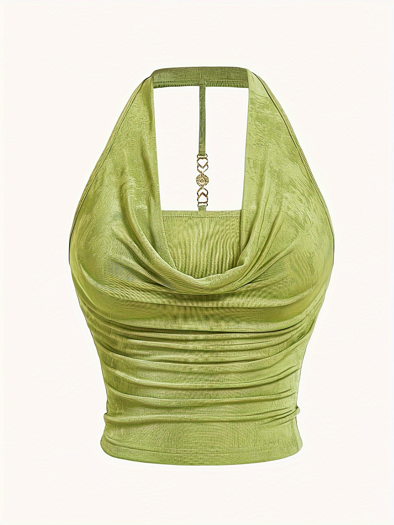 Elegant Mint Green Halter Neck Backless Top for Women - Textured Satin, Adjustable Strap, Knot-Front Detail, Perfect for Spring/Summer/Fall
