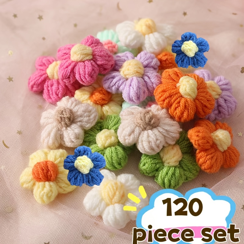TEMU 120pcs Set Of Polyester Hand Crocheted 12 Types (10pcs Per Color) Colored Yarn Flower Suitable For Headwear, Clothing, Home Crafts, Decoration