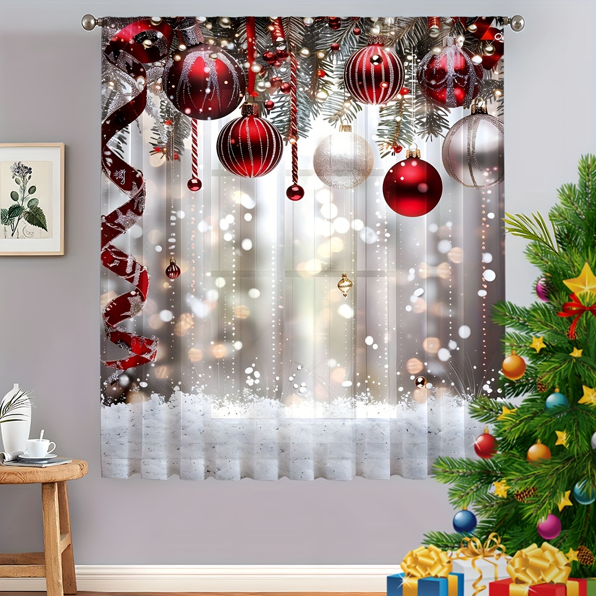 TEMU Christmas Sheer Curtain - 3d Digital Printed, Light-filtering Window For Home Decor, Rod , Christmas Curtains