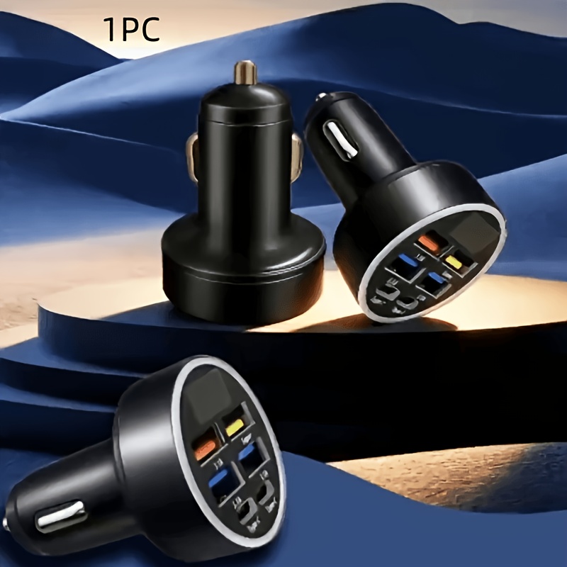 TEMU 1pc 6-in-1 Car Fast Charger, 6 Ports Usb-c Car Charger Adapter, Pd & Qc3.0 Fast Charging With Digital Voltage Display, Matte Portable Charger,