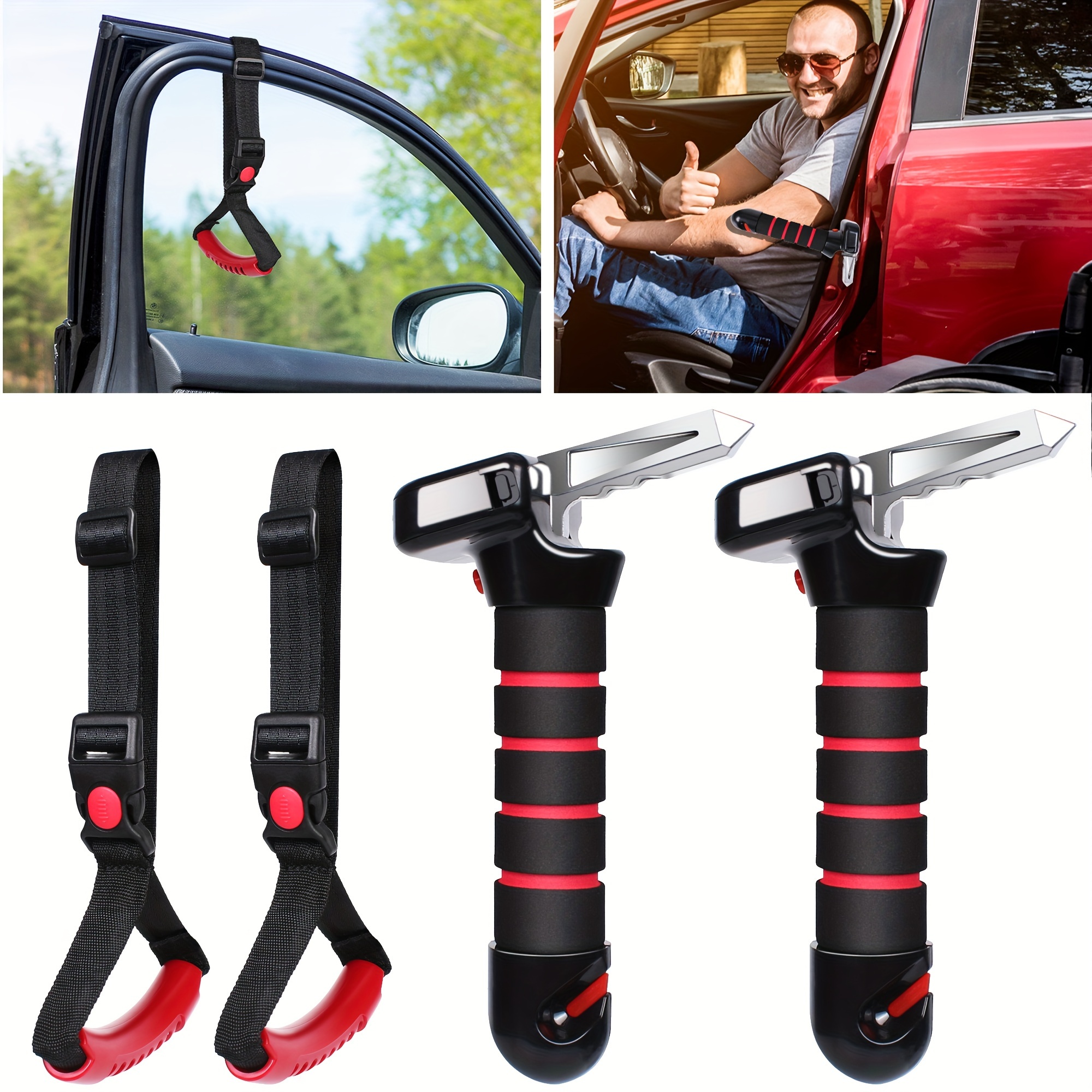 

2 Pack Portable Vehicle Support Handle, 5 In 1 Car Door Handle Assist For Elderly With Led Flashlight, Cutter And Window Breaker, Car Standing Aids For Elderly Or Disabled